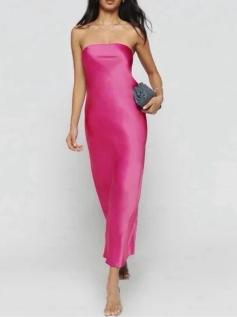 Reformation Strapless Hot Pink Satin Slip Dress